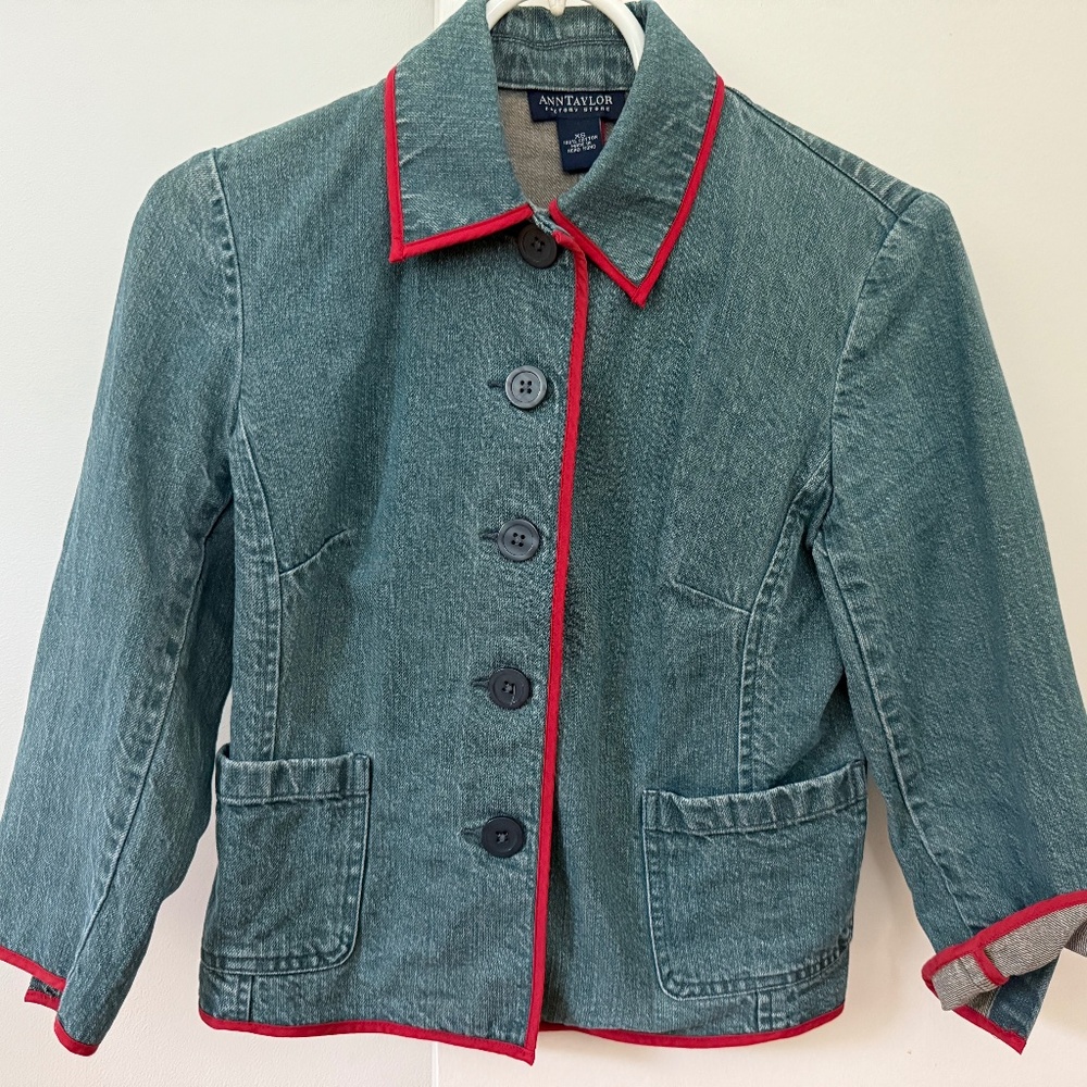 Ann Taylor Factory Store Denim Jacket with Cherry Red Piping